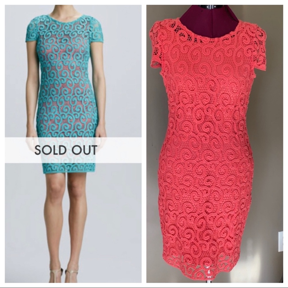 Elie Tahari Lolly Scroll Lace Dress in Coral (Size 2)